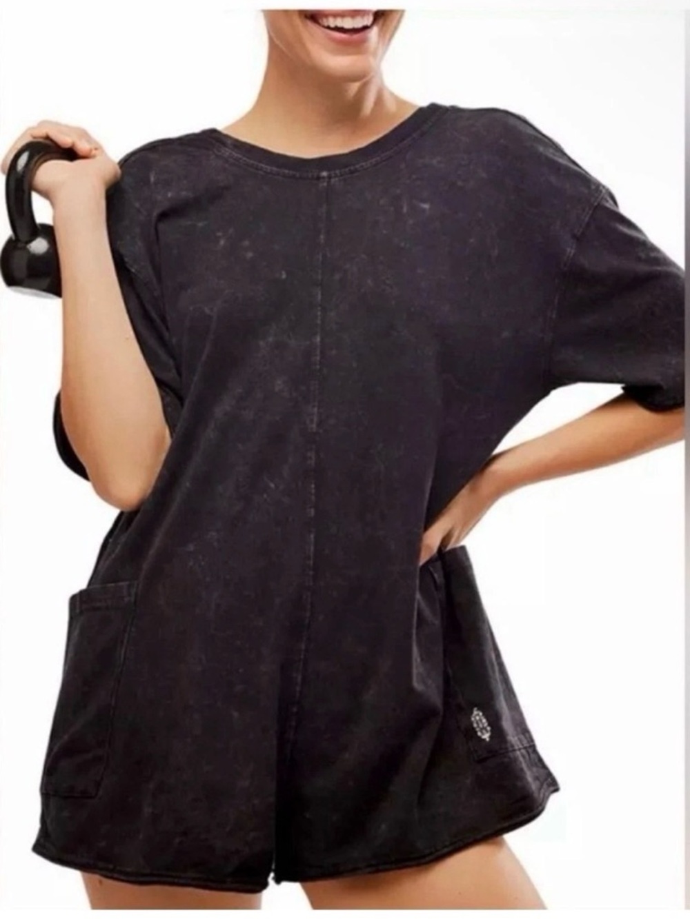 Free People Hot Shot Black Mineral-Wash Women’s Romper